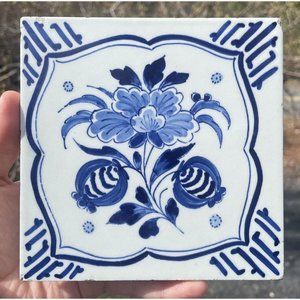 Vintage 1970's Delft Ceramic Flower Tile 5.5" X 5.5" Blue White Holland Dutch